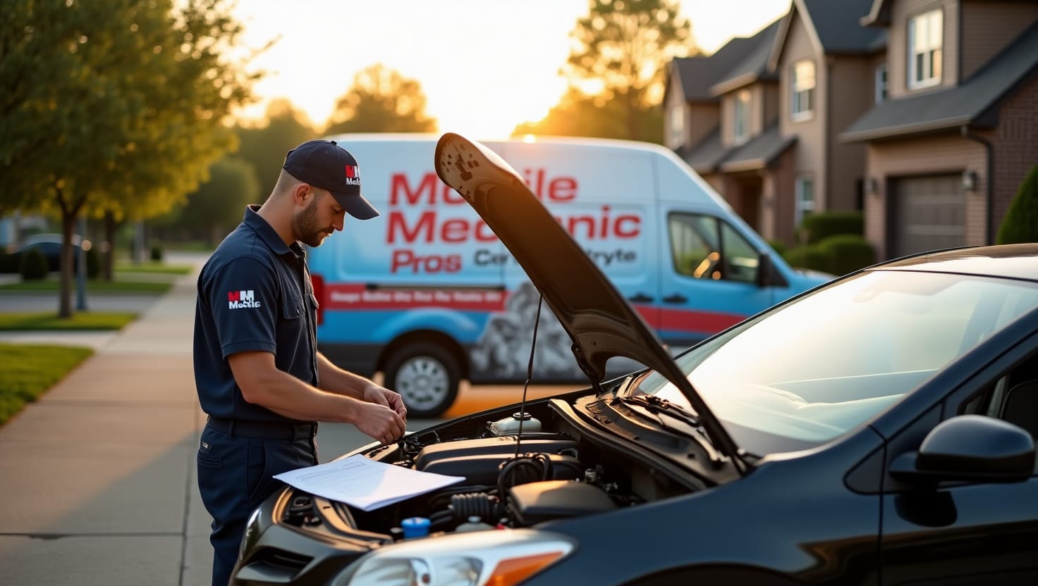 A mechanic from Mobile Mechanic Pros Louisville provides a free estimate and repairs a car engine in a residential driveway