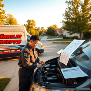 Mobile Mechanic Pros van parked in a Louisville neighborhood, with a technician performing on-site car repairs in a driveway